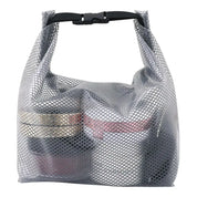Borsa organizer trasparente in rete con chiusura a fibbia, ideale per cosmetici e accessori da viaggio. Design pratico e resistente all'acqua.
