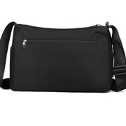 Borsa a tracolla nera unisex in tessuto impermeabile, con tasca frontale con zip e tracolla regolabile. Ideale per lavoro e viaggio.