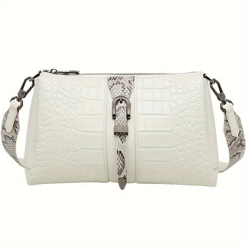 Borsa a tracolla bianca in pelle effetto coccodrillo, dettagli fibbia e cinturino regolabile. Elegante accessorio moda donna.
