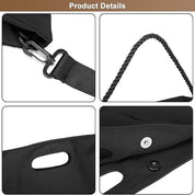 Dettagli borsa nera: tracolla regolabile, manico intrecciato, chiusura a bottone, design moderno. Accessorio moda elegante e funzionale.