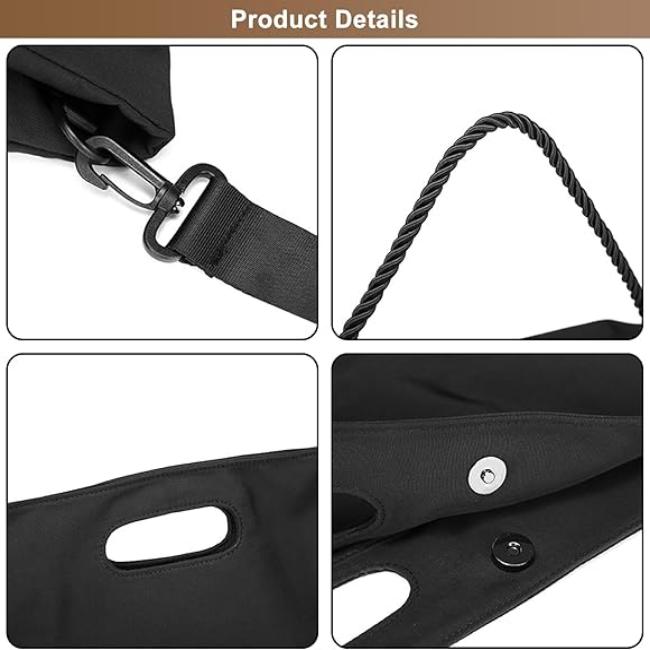 Dettagli borsa nera: tracolla regolabile, manico intrecciato, chiusura a bottone, design moderno. Accessorio moda elegante e funzionale.