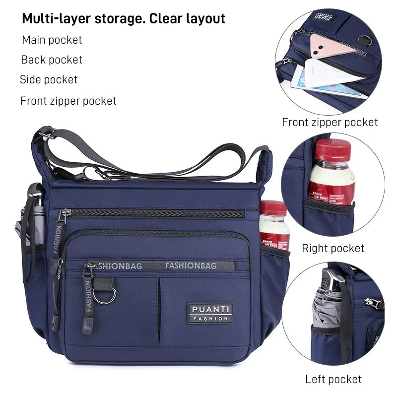 Borsa a tracolla blu con tasche multiple, cerniere frontali, tasca laterale per bottiglia, design organizzato, ideale per viaggi e uso quotidiano.