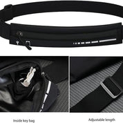 Cintura da corsa nera con tasca con zip, portachiavi interno, lunghezza regolabile. Accessorio sportivo unisex per jogging e fitness.