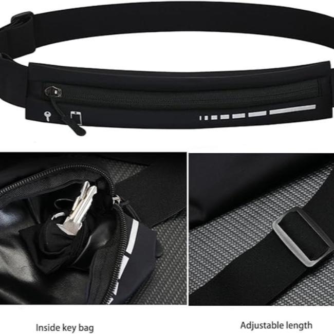 Cintura da corsa nera con tasca con zip, portachiavi interno, lunghezza regolabile. Accessorio sportivo unisex per jogging e fitness.