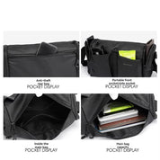 Borsa a tracolla nera multifunzione con tasche antifurto, tasca frontale portatile e ampio scomparto principale per tablet e accessori.