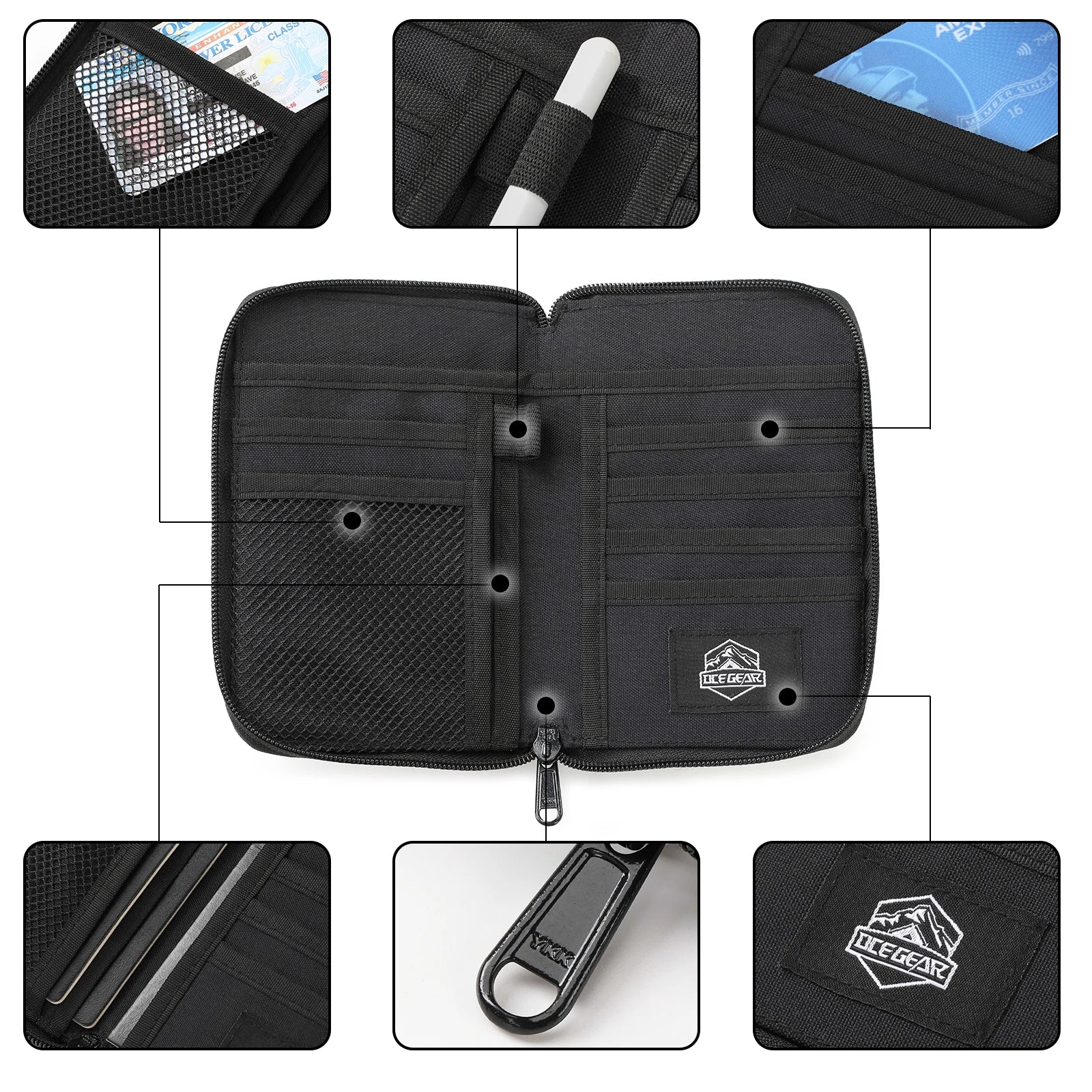 Portafoglio organizer nero con cerniera, scomparti multipli per carte, documenti e penne. Design compatto, ideale per viaggi e uso quotidiano.