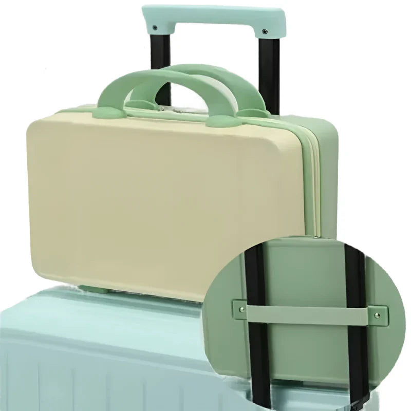 Valigia rigida verde e beige con manico telescopico, design compatto, ideale per viaggi brevi. Valigia a mano, bagaglio a mano, trolley leggero.