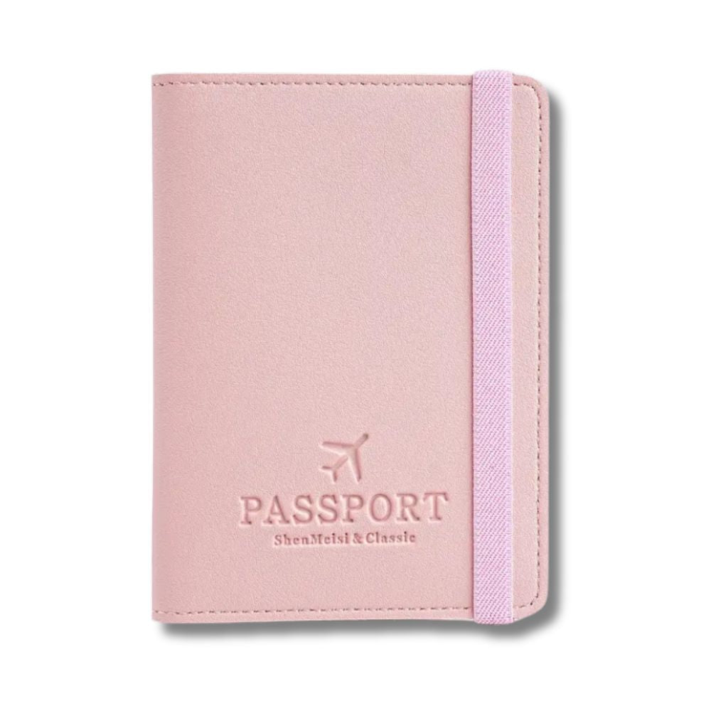 Custodia passaporto rosa in pelle sintetica con elastico, design elegante con icona aereo, ideale per viaggi, accessori da viaggio donna.