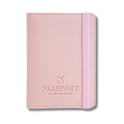 Custodia passaporto rosa in pelle sintetica con elastico, design elegante con icona aereo, ideale per viaggi, accessori da viaggio donna.