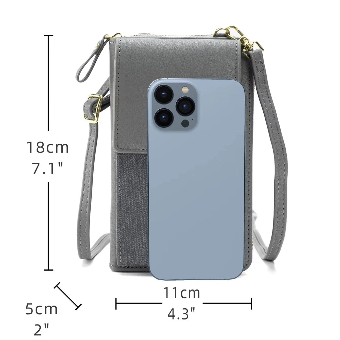 Custodia a tracolla grigia per smartphone con misure, compatibile con iPhone 13 Pro Max. Design elegante, pratica per viaggi e uso quotidiano.