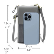 Custodia a tracolla grigia per smartphone con misure, compatibile con iPhone 13 Pro Max. Design elegante, pratica per viaggi e uso quotidiano.