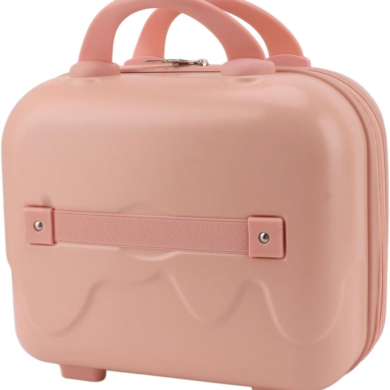 Valigia rigida rosa, compatta, con manico doppio e cerniera, ideale per viaggi brevi. Design elegante e resistente. Perfetta per bagaglio a mano.