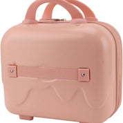Valigia rigida rosa, compatta, con manico doppio e cerniera, ideale per viaggi brevi. Design elegante e resistente. Perfetta per bagaglio a mano.