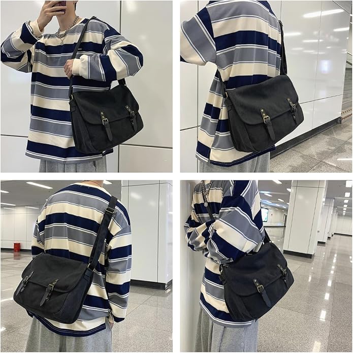 Uomo con borsa a tracolla nera in tessuto, indossa maglia a righe blu e bianche. Moda casual, accessorio pratico per uso quotidiano.
