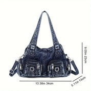 Borsa a tracolla in pelle nera con tasche multiple e cerniere, dimensioni 34x13x23 cm, elegante e pratica per donna, moda accessori.