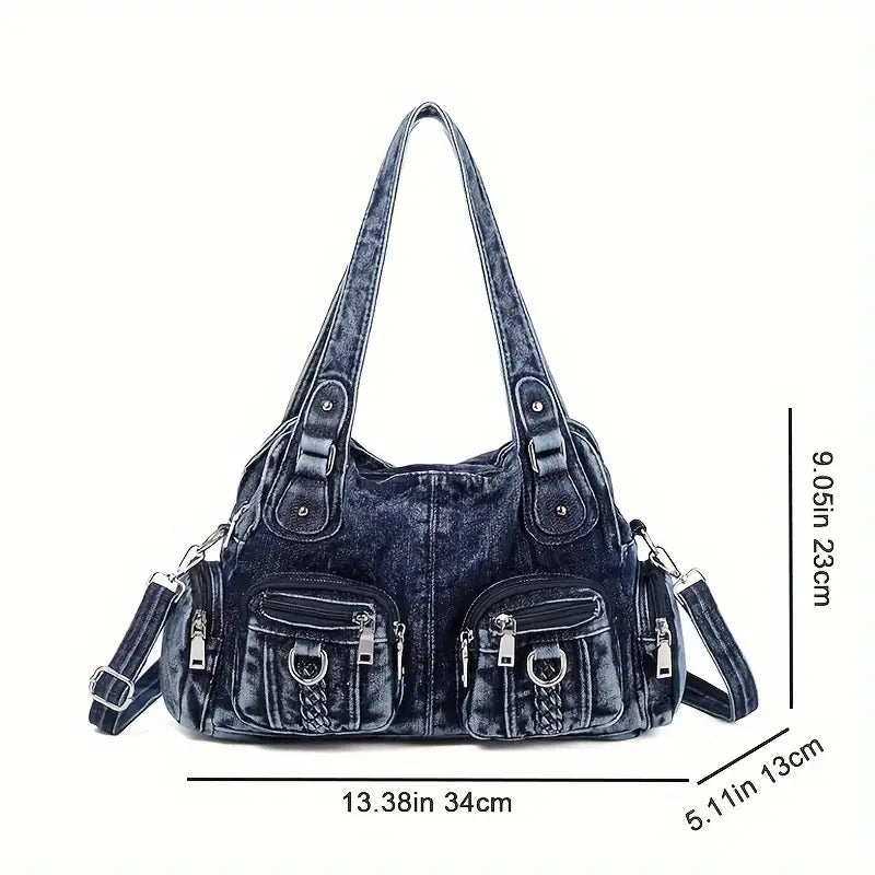 Borsa a tracolla in pelle nera con tasche multiple e cerniere, dimensioni 34x13x23 cm, elegante e pratica per donna, moda accessori.