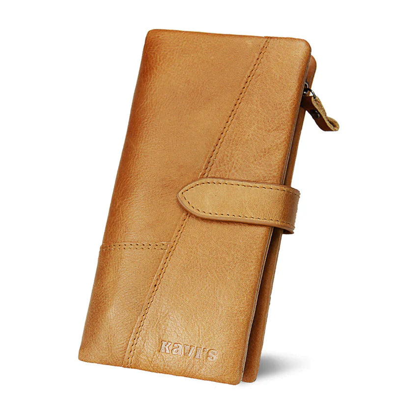 Portafoglio donna in pelle marrone, design elegante con chiusura a bottone, ideale per carte e contanti. Accessorio moda di alta qualità.