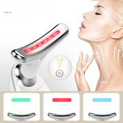Dispositivo massaggio viso e collo LED, terapia luce rossa, rassodante pelle, anti-invecchiamento, cura bellezza, tecnologia avanzata, uso domestico.