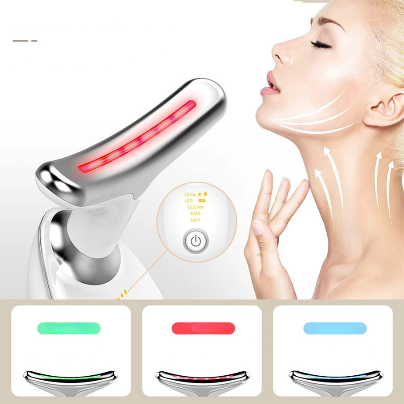 Dispositivo massaggio viso e collo LED, terapia luce rossa, rassodante pelle, anti-invecchiamento, cura bellezza, tecnologia avanzata, uso domestico.
