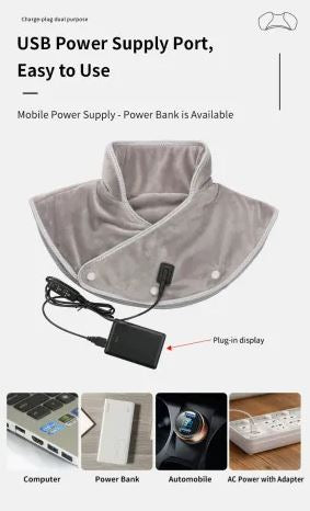 Scaldacollo elettrico grigio con porta USB, facile da usare. Include power bank, compatibile con computer, auto e adattatore AC.