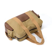 Borsa a tracolla in tela beige e marrone, design unisex, con cerniera e manici resistenti. Ideale per viaggi, lavoro e uso quotidiano.