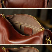 Borsa a tracolla in pelle marrone con cerniera dorata, tasca interna beige, design elegante e funzionale, accessorio moda donna di alta qualità.