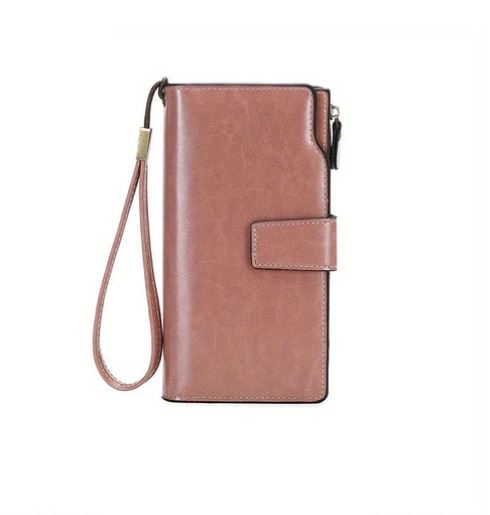 Portafoglio donna in pelle marrone con cinturino da polso, design elegante e funzionale, ideale per organizzare carte e contanti.
