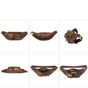 Marsupio in pelle marrone, design vintage, con cerniere e tasche multiple. Accessorio moda uomo/donna, ideale per viaggi e uso quotidiano.