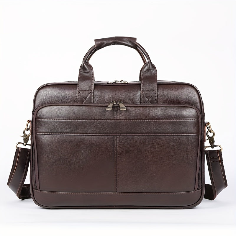 Borsa ventiquattrore in pelle marrone scuro con manici e tracolla regolabile, design elegante e spazioso, ideale per lavoro e viaggi d'affari.