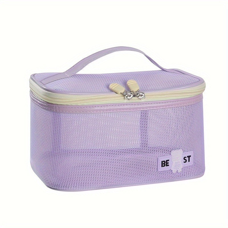 Borsa cosmetica viola in rete con cerniera e manico, design rettangolare, ideale per organizzare trucchi e accessori da viaggio.