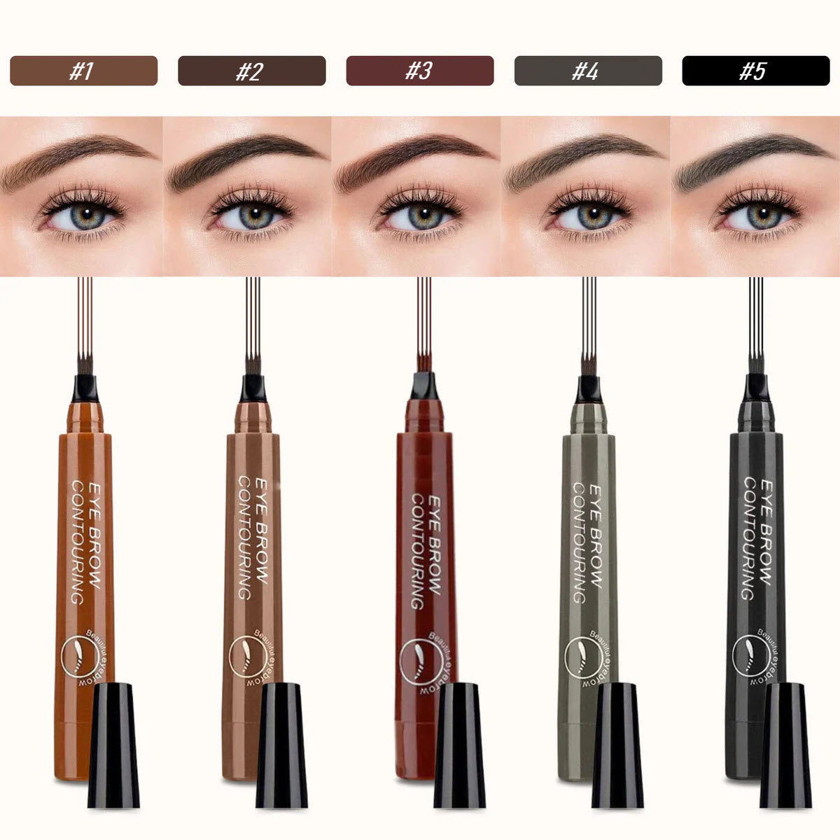 Set di penne per sopracciglia in cinque tonalità, con applicatori a punta fine. Ideale per definire e modellare le sopracciglia. Perfetto per trucco professionale.