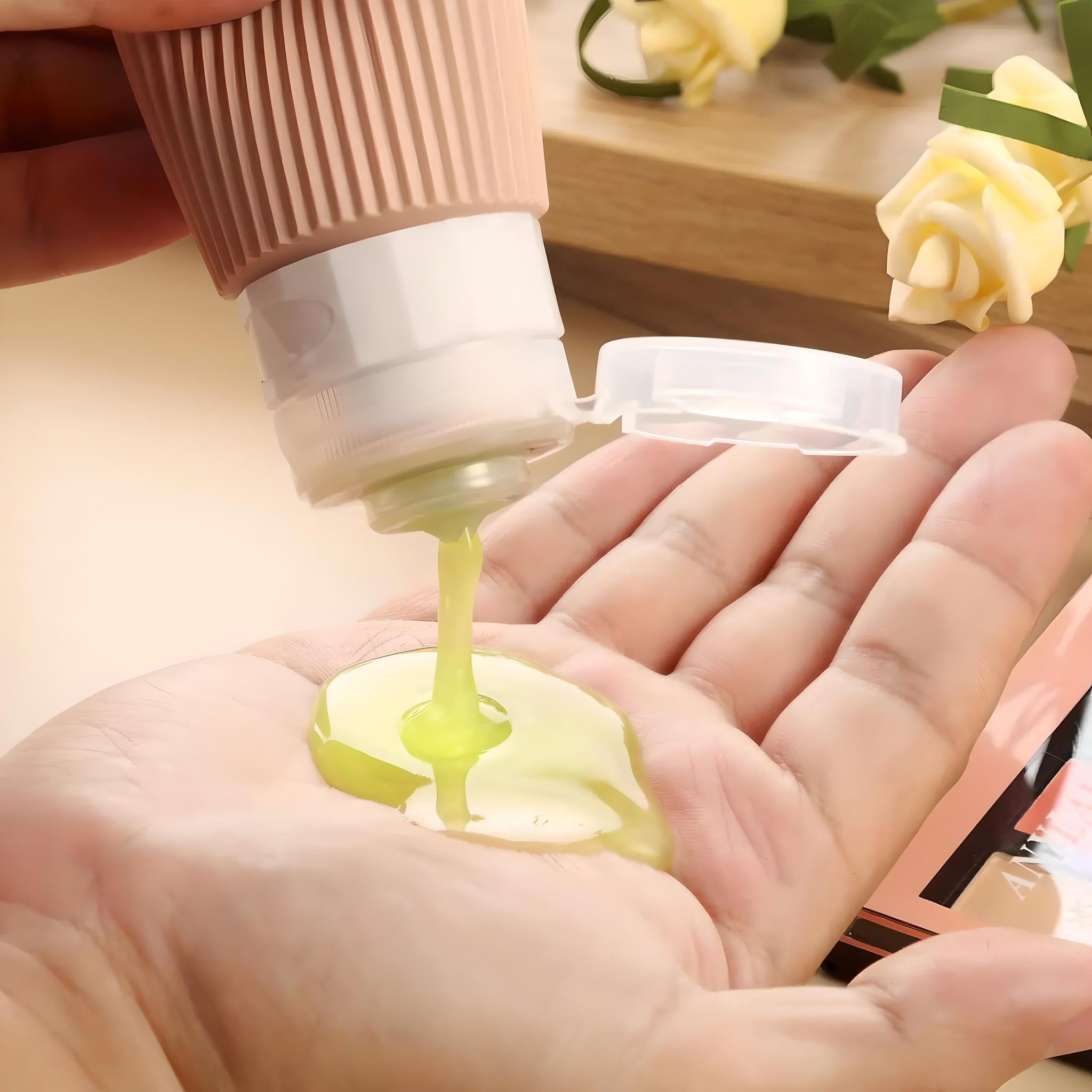 Mano che versa gel doccia verde da flacone marrone, fiori gialli sullo sfondo. Cura della pelle, igiene personale, cosmetici naturali.