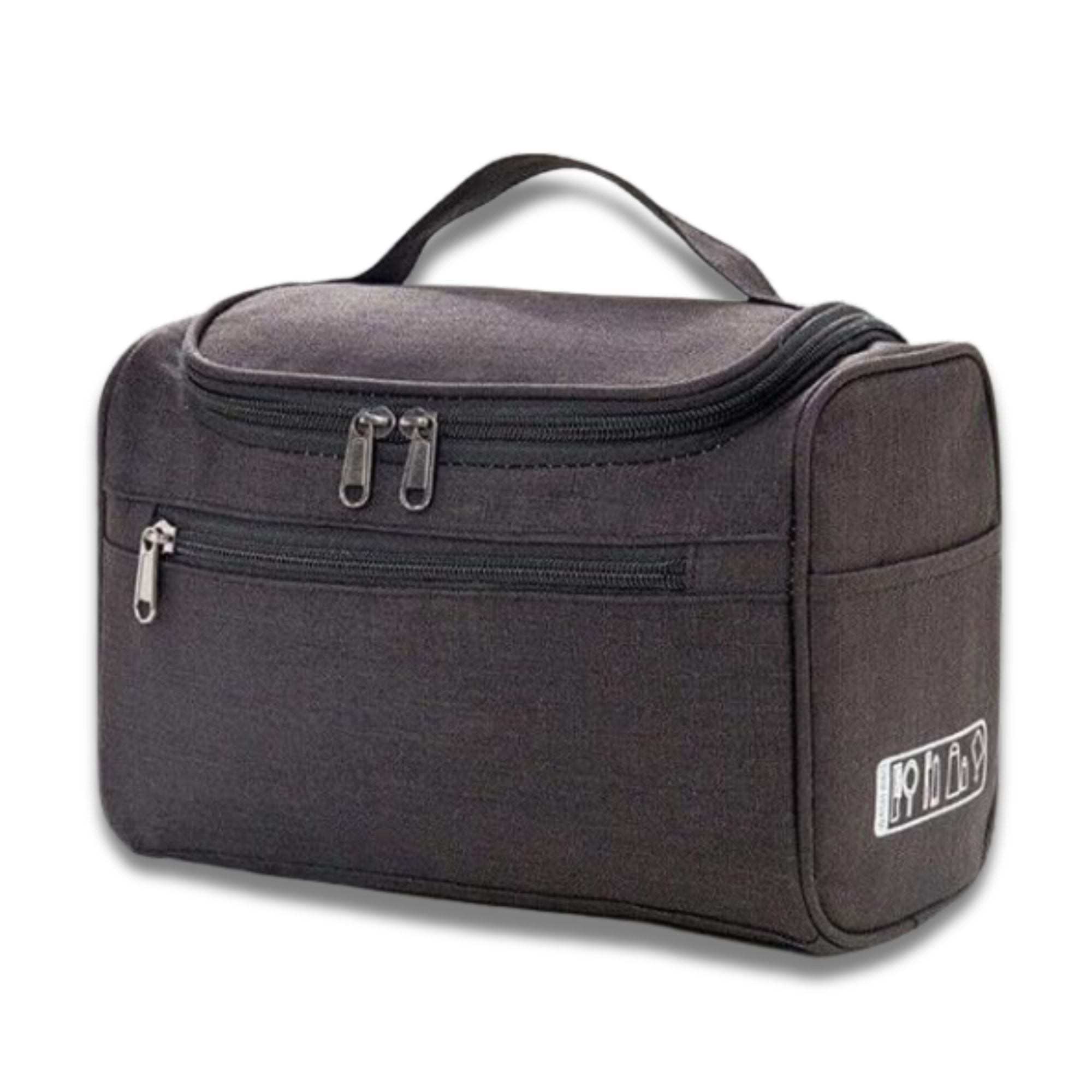 Borsa da toilette nera con manico, doppia cerniera, tasca frontale, ideale per viaggio, organizzazione accessori bagno, resistente e compatta.