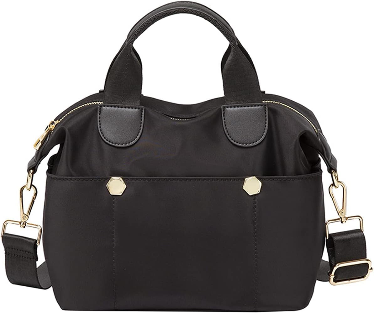 Borsa a mano nera elegante con manici e tracolla regolabile, dettagli in metallo dorato, design moderno, perfetta per uso quotidiano e occasioni speciali.