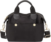 Borsa a mano nera elegante con manici e tracolla regolabile, dettagli in metallo dorato, design moderno, ideale per donna, moda accessori.