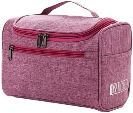 Borsa da toilette rosa con cerniera, manico superiore e tasca frontale. Ideale per viaggi, organizzazione cosmetici e accessori bagno.