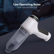 Aspirapolvere portatile bianco e nero con filtro HEPA, design ergonomico, operatività silenziosa ≤50dB, ideale per pulizia domestica silenziosa.