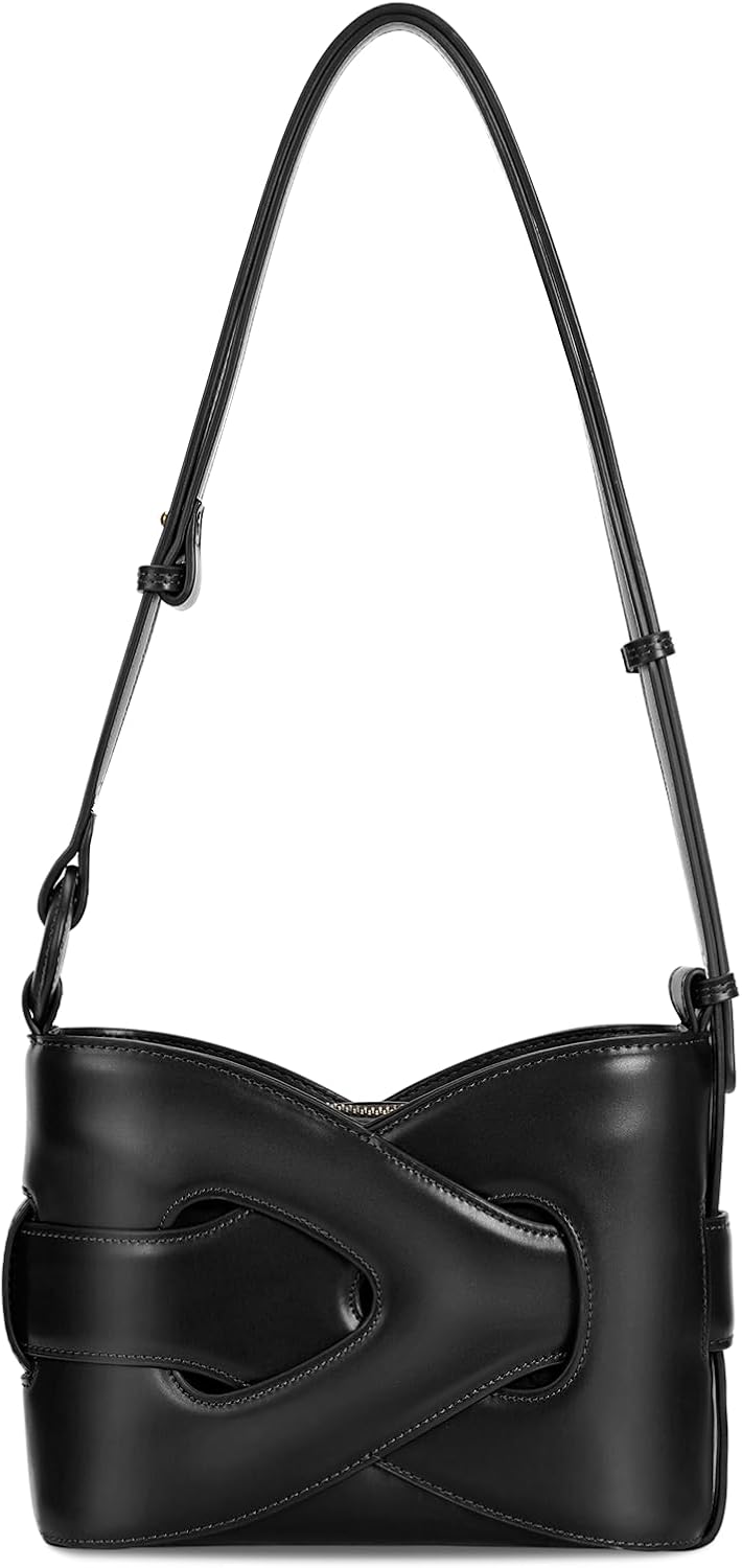 Borsa a tracolla nera in pelle con design moderno e chiusura a fibbia. Accessorio elegante per donna, ideale per moda e stile urbano.
