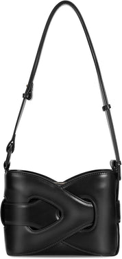 Borsa a tracolla nera in pelle con design moderno e chiusura a fibbia. Accessorio elegante per donna, ideale per moda e stile urbano.