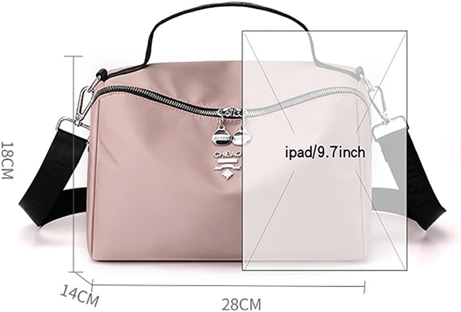Borsa a tracolla rosa, dimensioni 28x18x14 cm, con zip e manico nero, adatta per iPad 9.7 pollici. Design elegante e pratico per uso quotidiano.