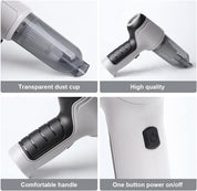 Aspirapolvere portatile senza fili, design ergonomico, tazza polvere trasparente, pulsante accensione/spegnimento, alta qualità, manico confortevole.