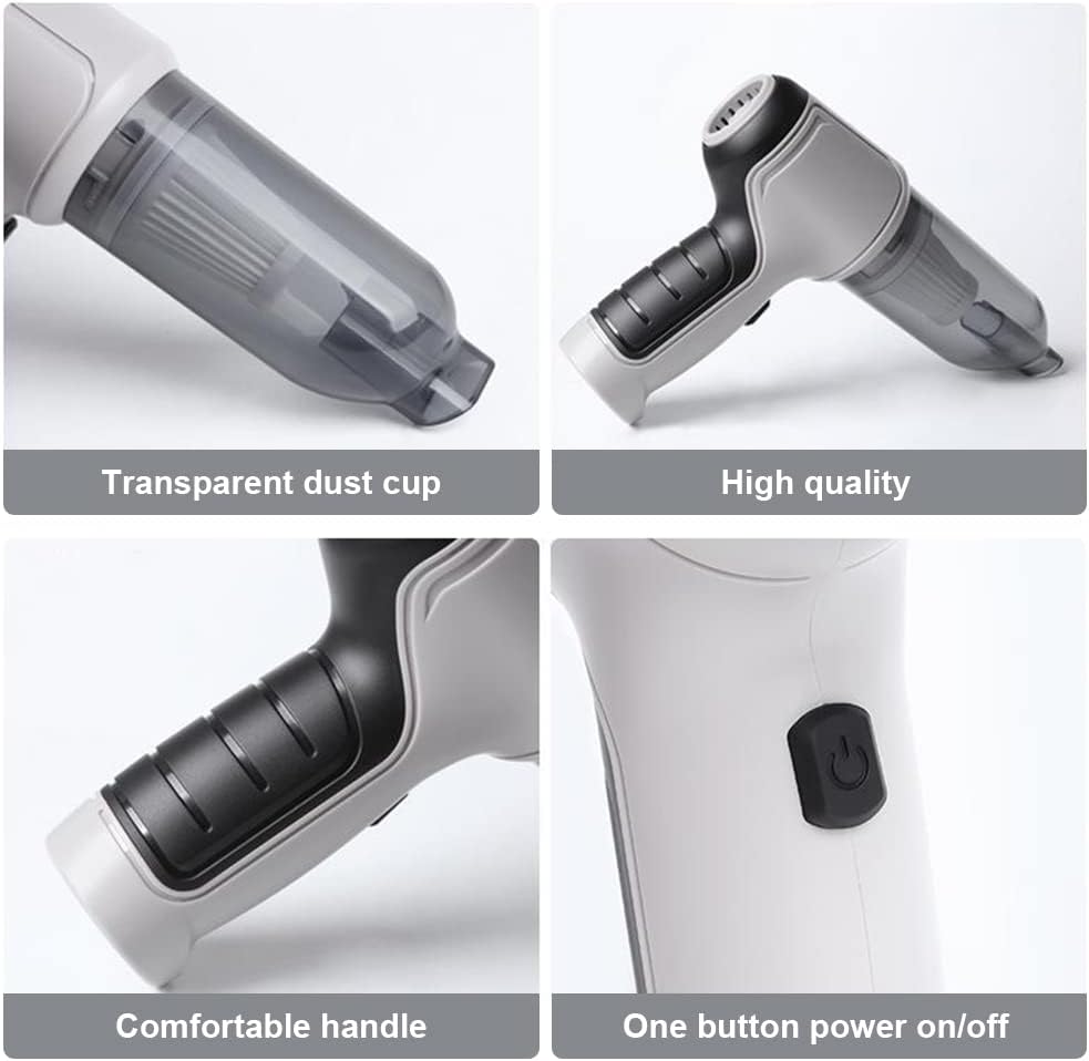 Aspirapolvere portatile senza fili, design ergonomico, tazza polvere trasparente, pulsante accensione/spegnimento, alta qualità, manico confortevole.