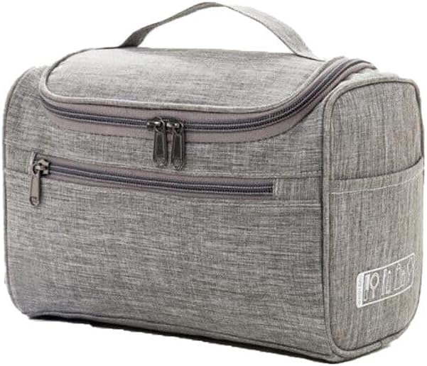 Borsa da toilette grigia con manico, tasche multiple e cerniere. Ideale per viaggi, organizzazione accessori bagno, resistente e compatta.