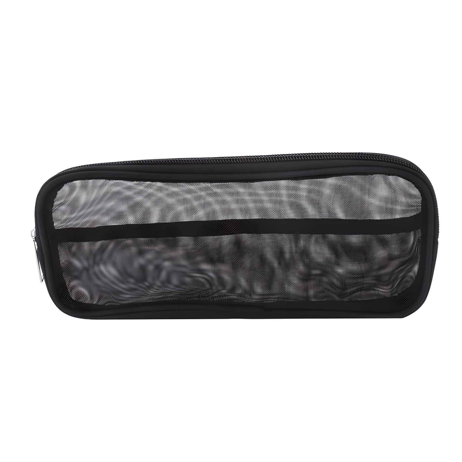 Astuccio trasparente in rete nera con cerniera, ideale per scuola e ufficio. Design leggero e pratico per organizzare penne e accessori.