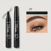 Penna per sopracciglia a 4 punte, colore #5, con immagine dimostrativa di sopracciglia definite. Trucco occhi, definizione sopracciglia, cosmetici.
