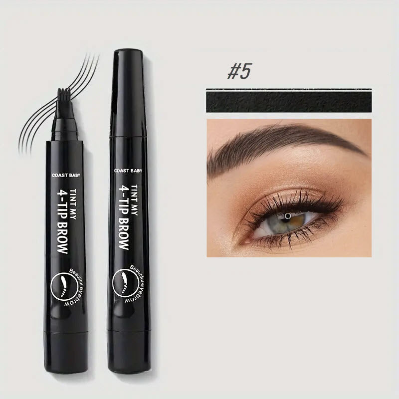Penna per sopracciglia a 4 punte, colore #5, con immagine dimostrativa di sopracciglia definite. Trucco occhi, definizione sopracciglia, cosmetici.