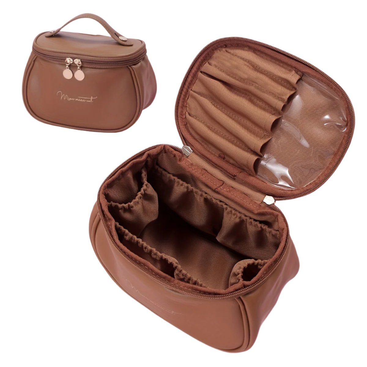Borsa cosmetica marrone in pelle sintetica con cerniera, scomparti interni e manico. Ideale per trucco e accessori da viaggio.