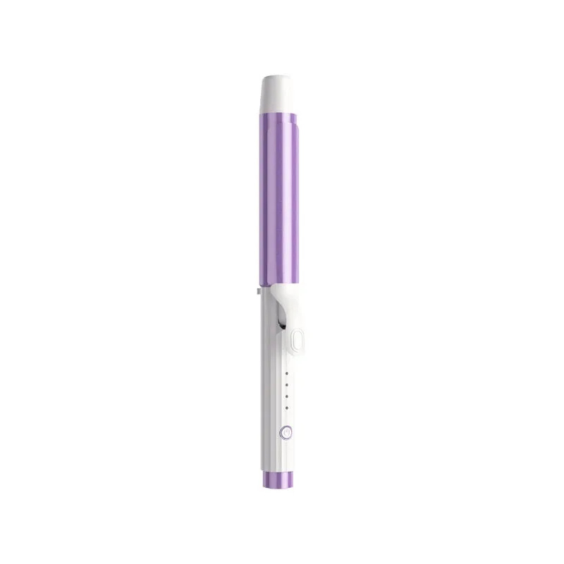 Ferro arricciacapelli viola e bianco, design elegante, manico ergonomico, tecnologia ceramica, styling capelli, strumento bellezza professionale.