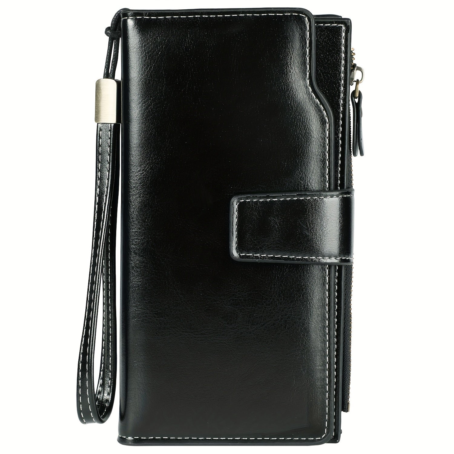 Portafoglio donna in pelle nera con chiusura a scatto, cuciture bianche e cinturino da polso. Elegante accessorio moda, ideale per ogni occasione.