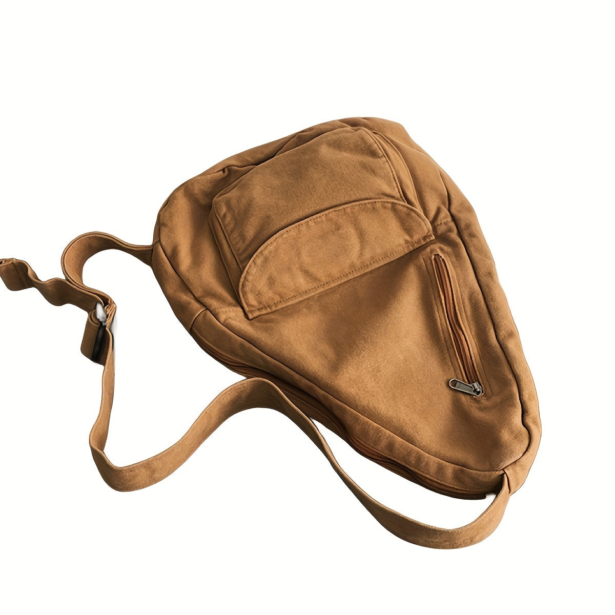Zaino a tracolla marrone chiaro in tela, design moderno, con tasca frontale con zip e chiusura a fibbia regolabile. Accessorio moda unisex.
